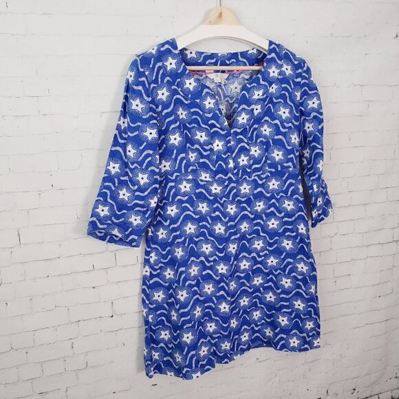 Boden Star Print Blue White 100% Linen Dress Size 4 Petite July 4th Patriotic - Picture 3 of 9